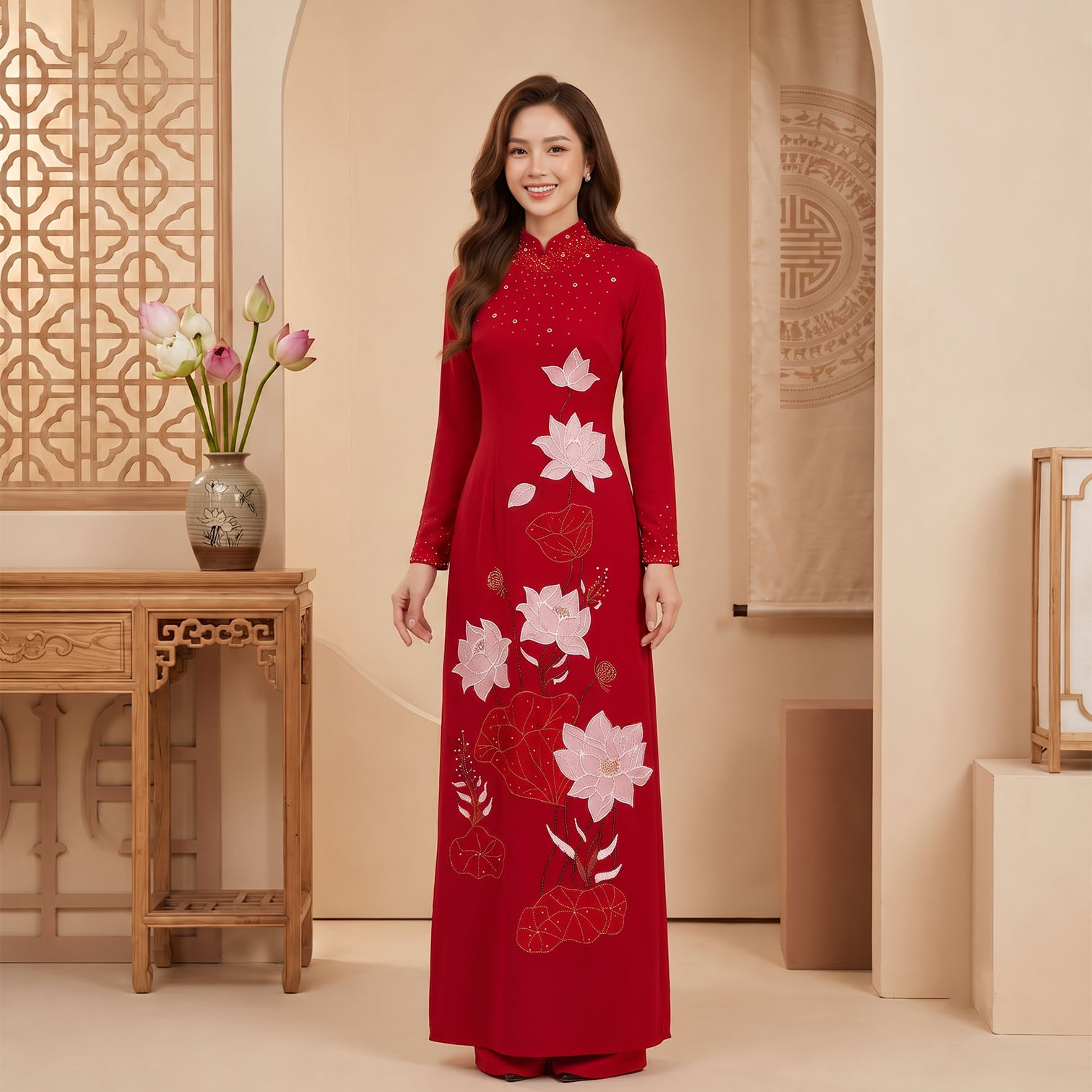 Áo Dài Mẹ Cô Dâu Chú Rể Đỏ Ruby Đính Hoa Sen Sang Trọng AM26-15