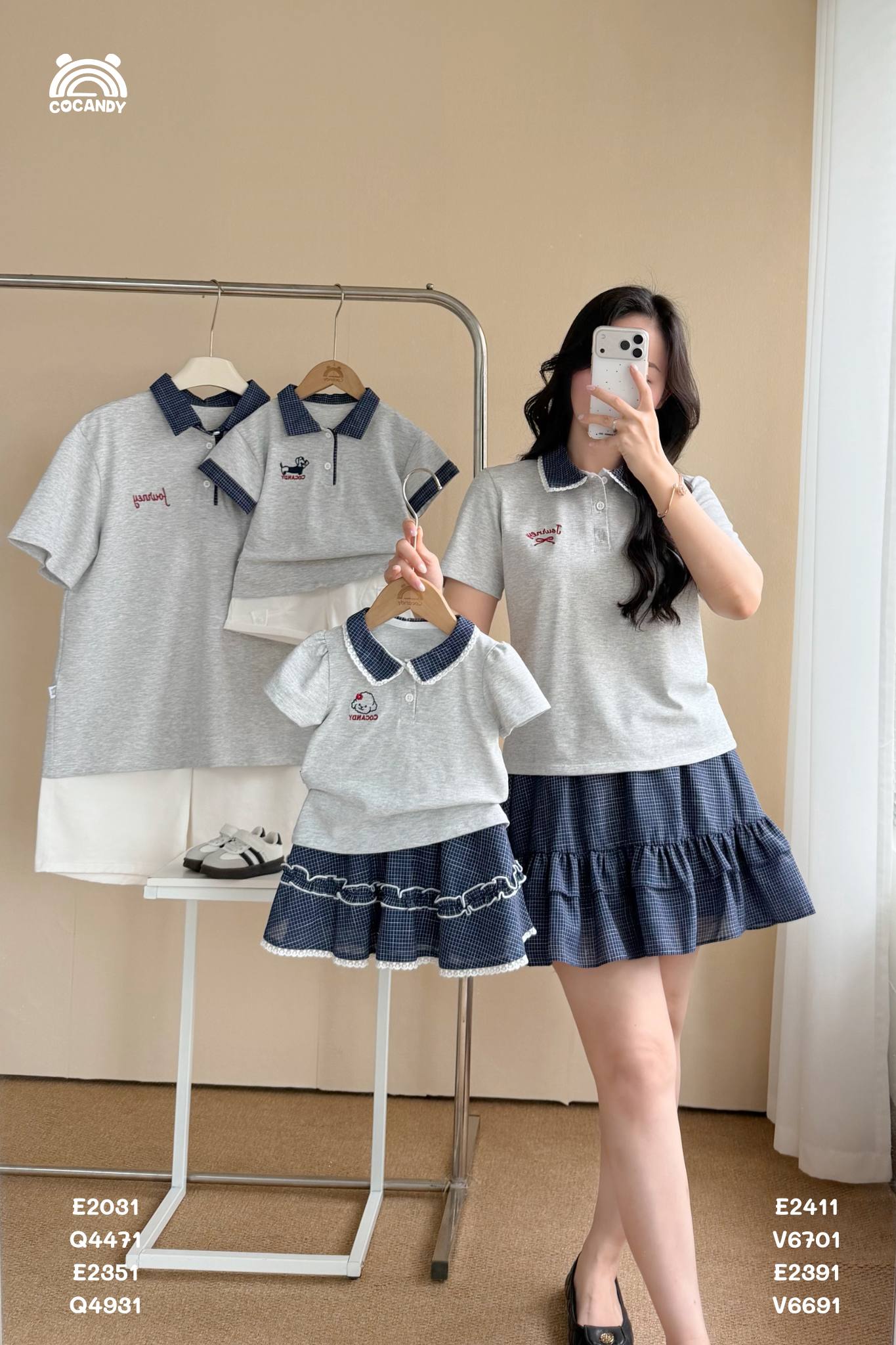 Áo cộc polo XÁM phối cổ caro xanh NỮ_thumbnail_2