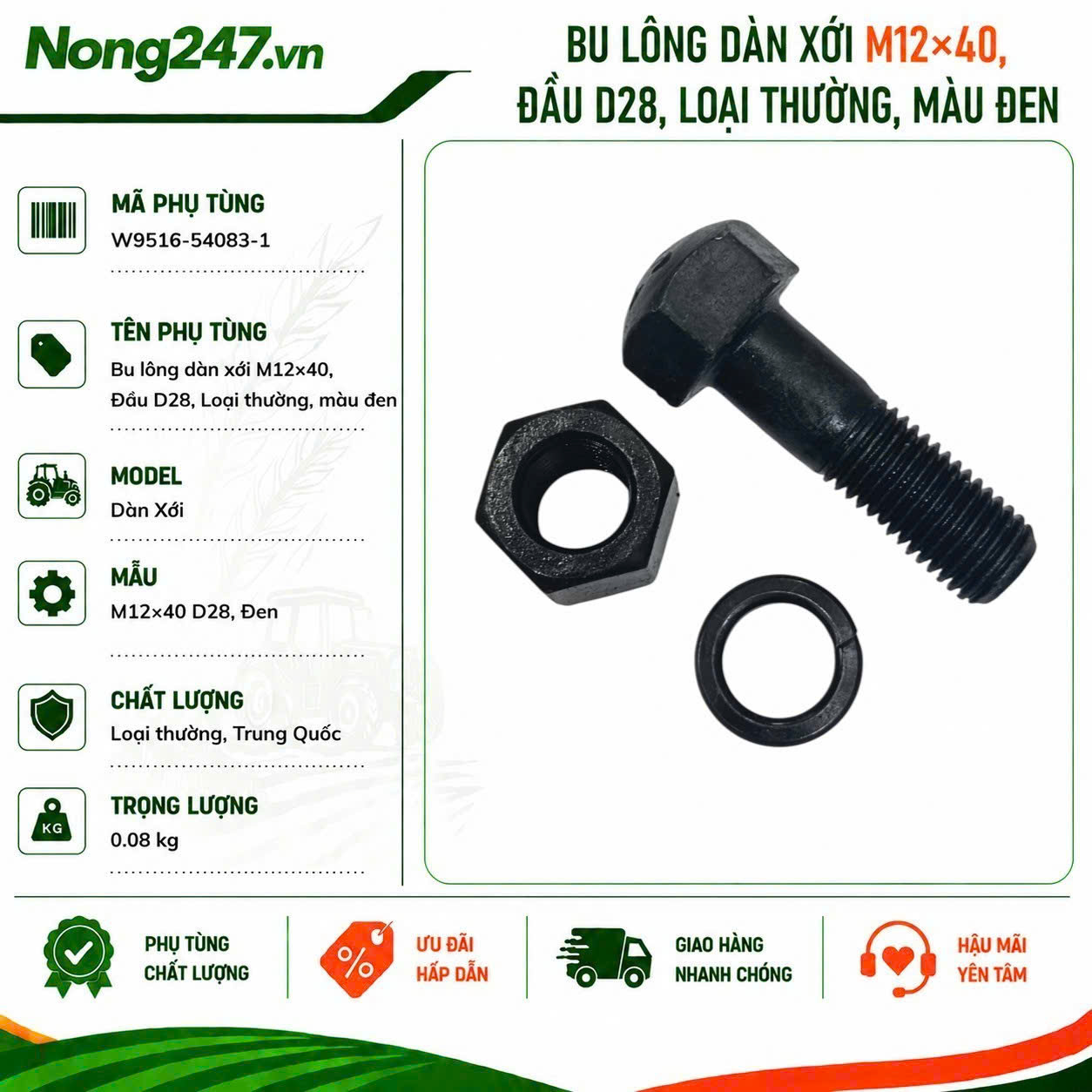 Bu lông dàn xới M12×40, Đầu D28, Loại thường, màu đen