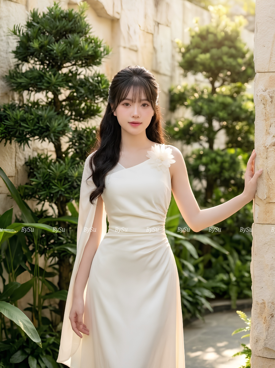 M29 - Đầm Lụa Lệch Vai Phối Voan