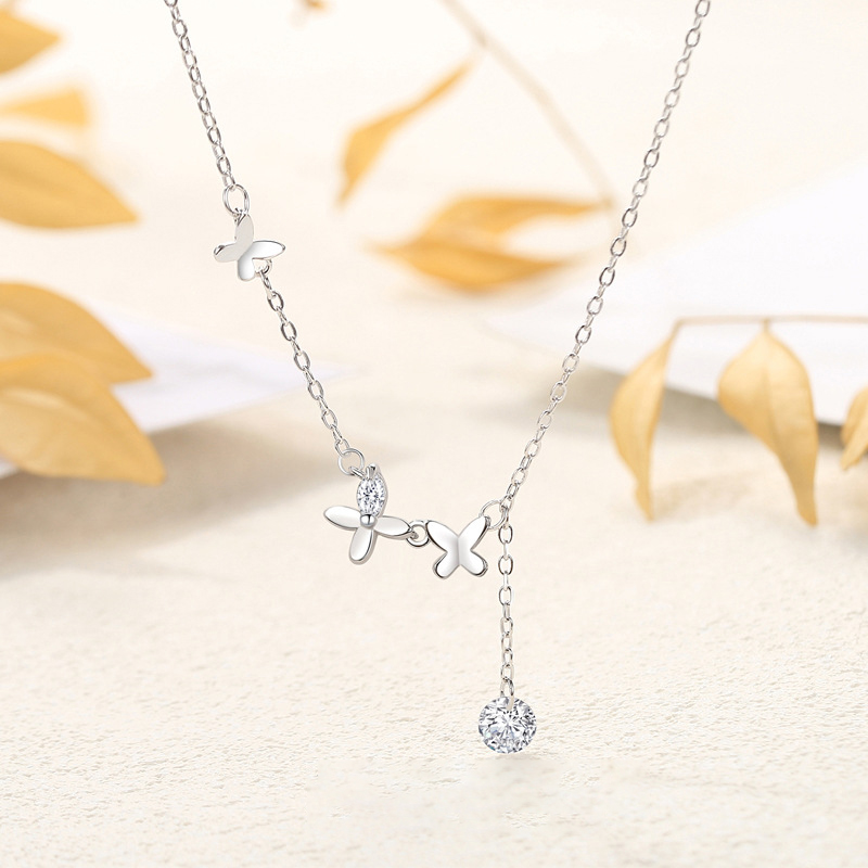 Dây Chuyền Bạc S925 Đính Đá Zircon Thiết Kế Đàn Bướm Dáng Thả Xinh Xắn HTT039