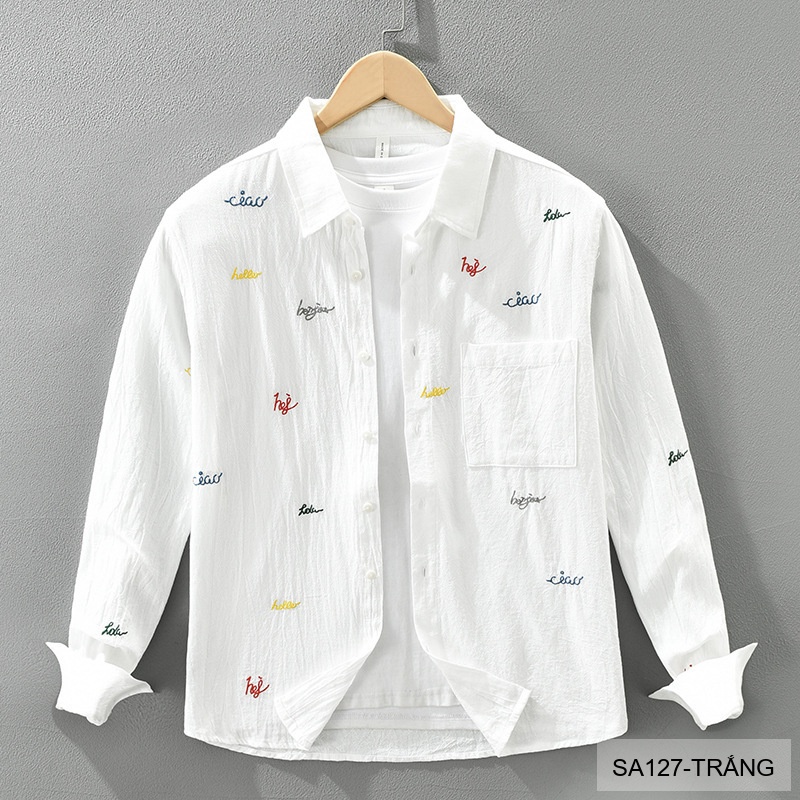 SA127 - Áo sơ mi nam dài tay cotton 100% phong cách Nhật Bản, form rộng, thêu chữ nghệ thuật, màu Trắng/Xanh Dương_thumbnail_5