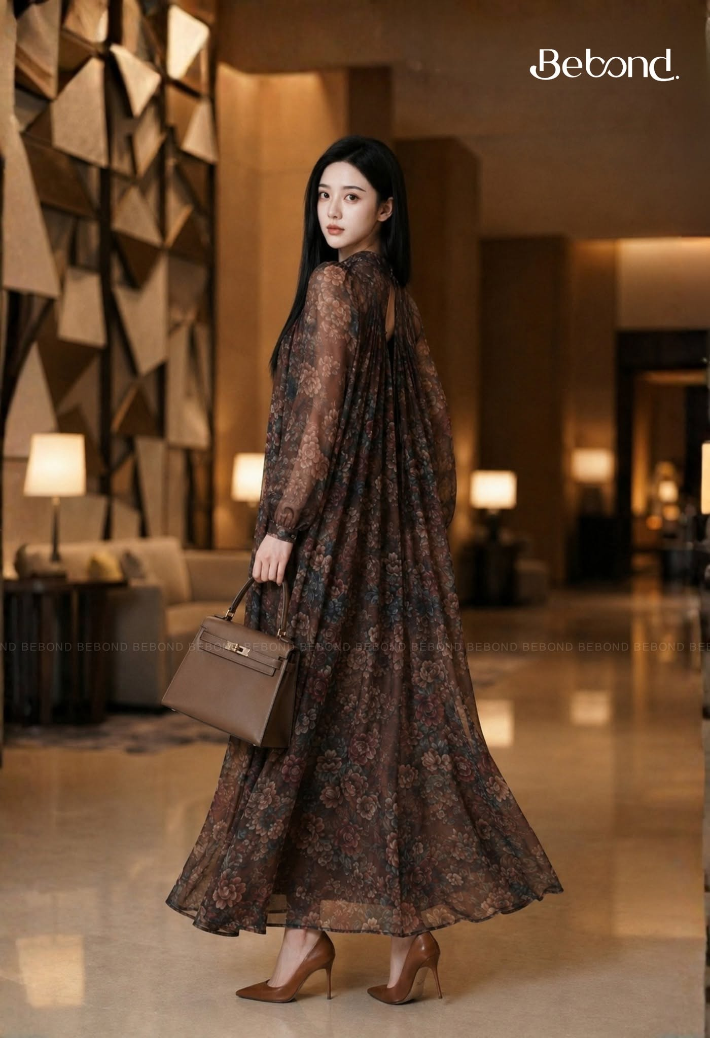 Váy voan suông dài CATHY in hoa màu NÂU_thumbnail_2
