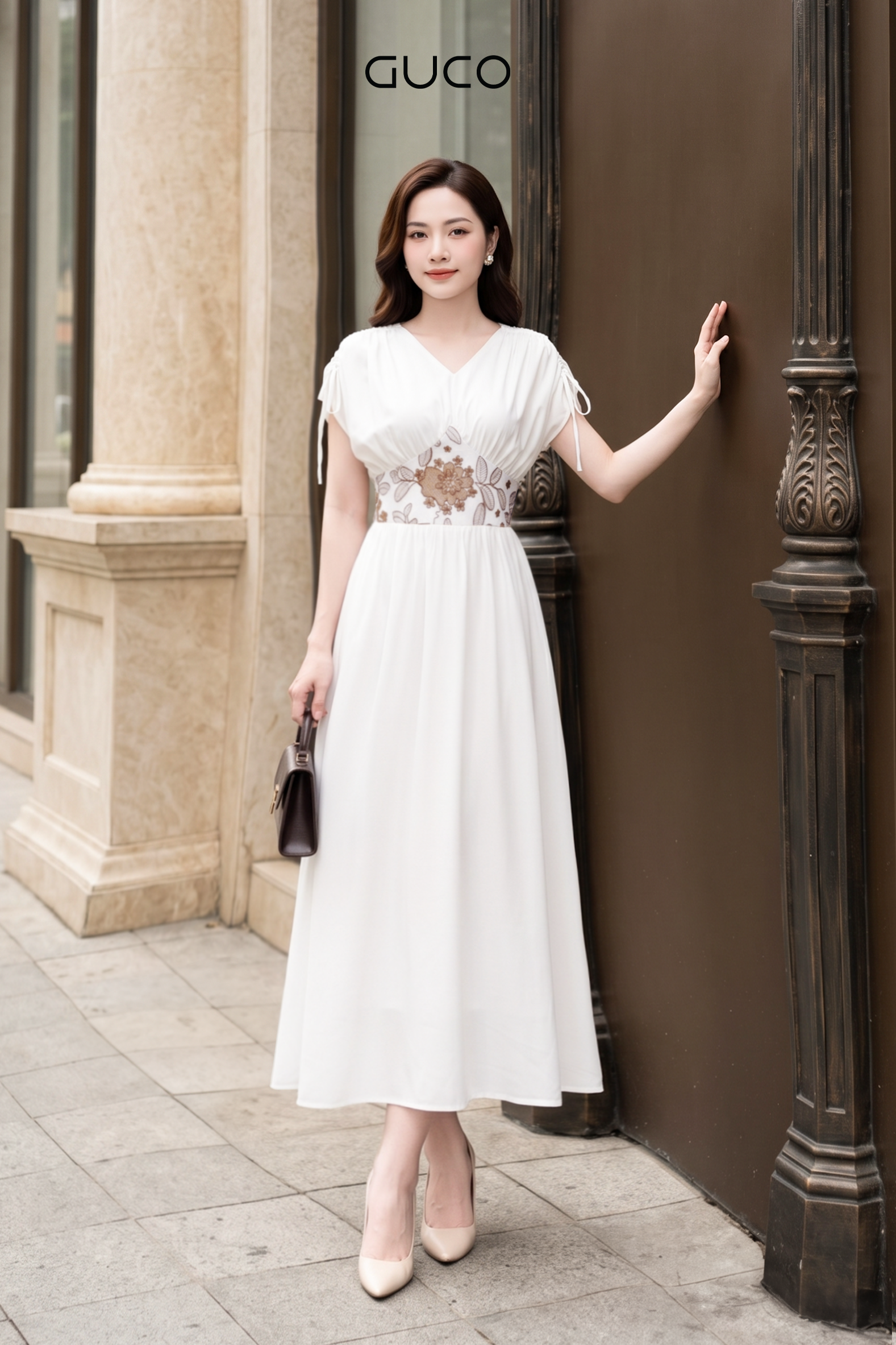 Đầm Midi Trắng Thêu Hoa Nâu Nhấn Eo_thumbnail_3