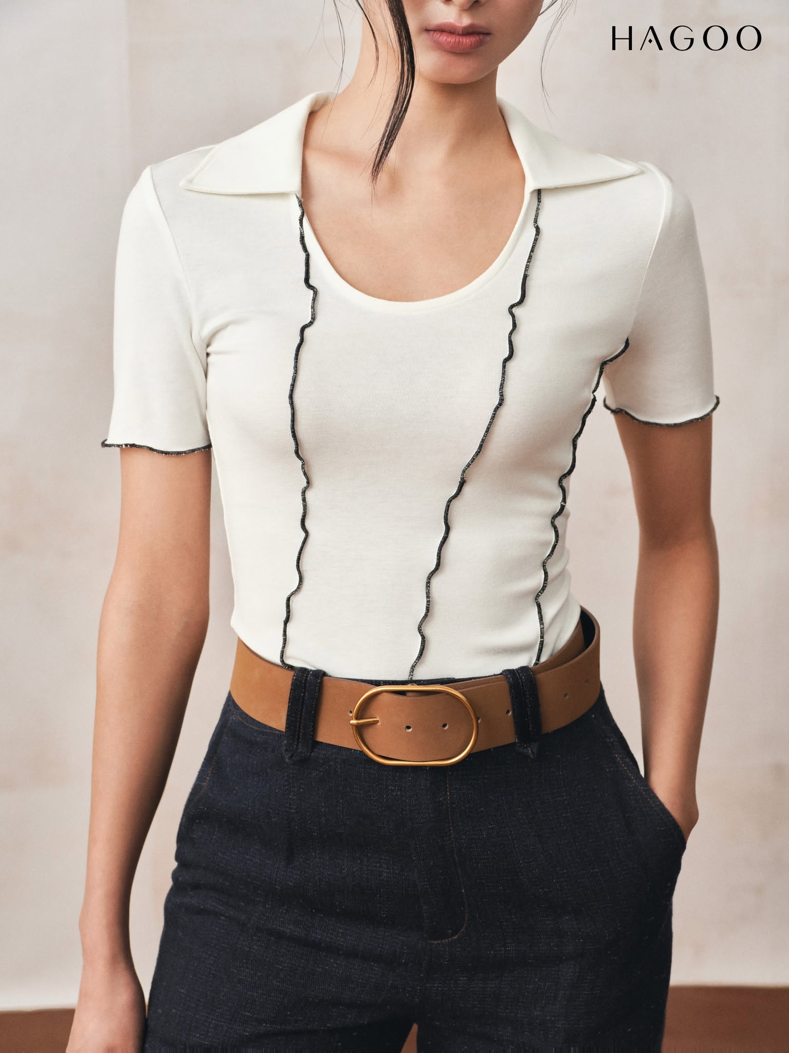 HAGOO T-shirt with diagonal ruffle detail
