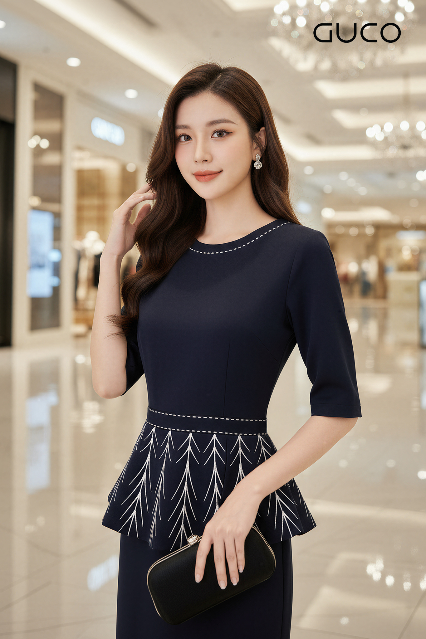 ĐẦM PEPLUM TAY LỠ THÊU VIỀN TRẮNG - XANH ĐEN 5098_thumbnail_2