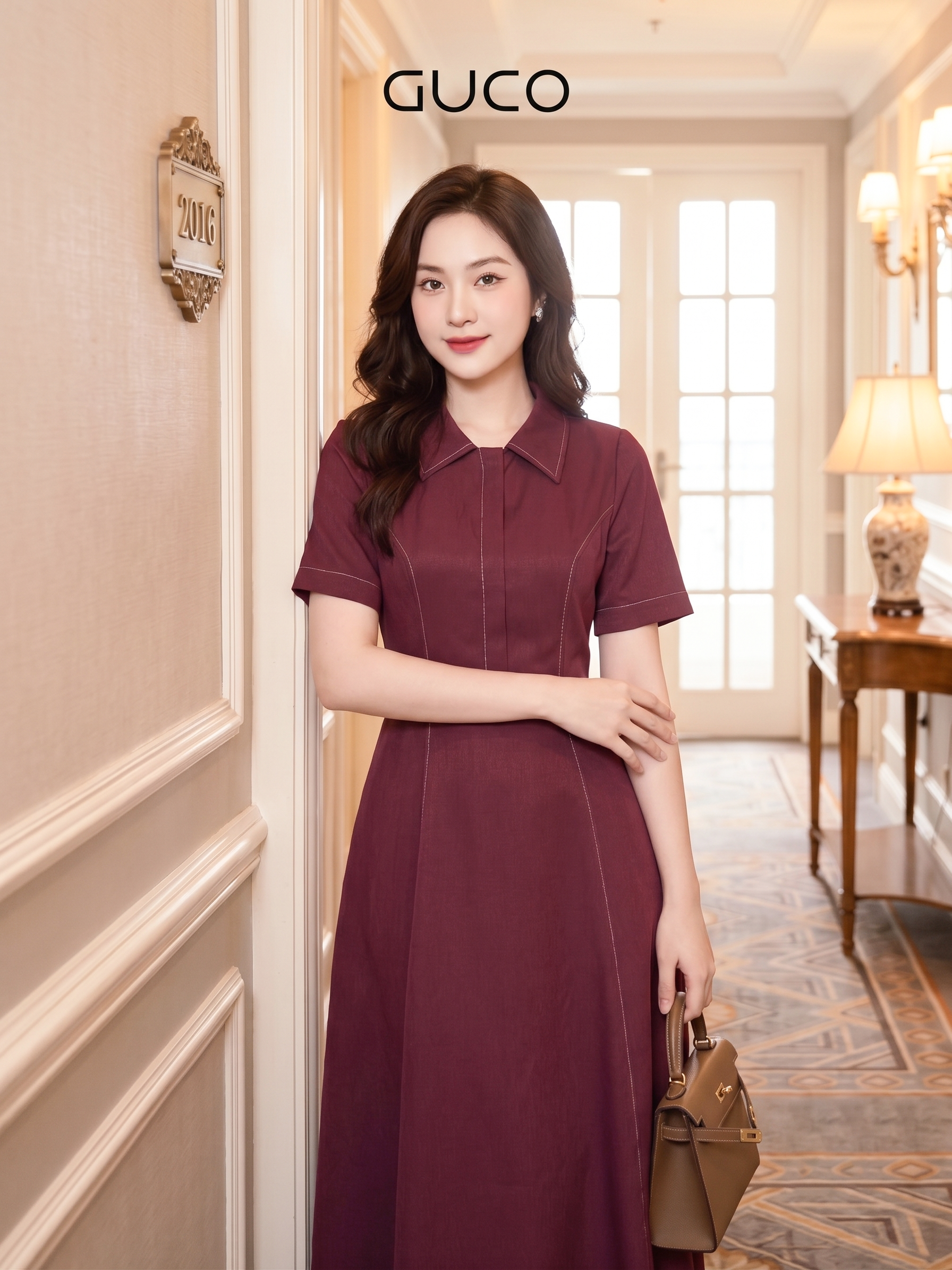 Đầm Đỏ Cổ Sơ Mi Viền Chỉ TrắngThanh Lịch_thumbnail_1