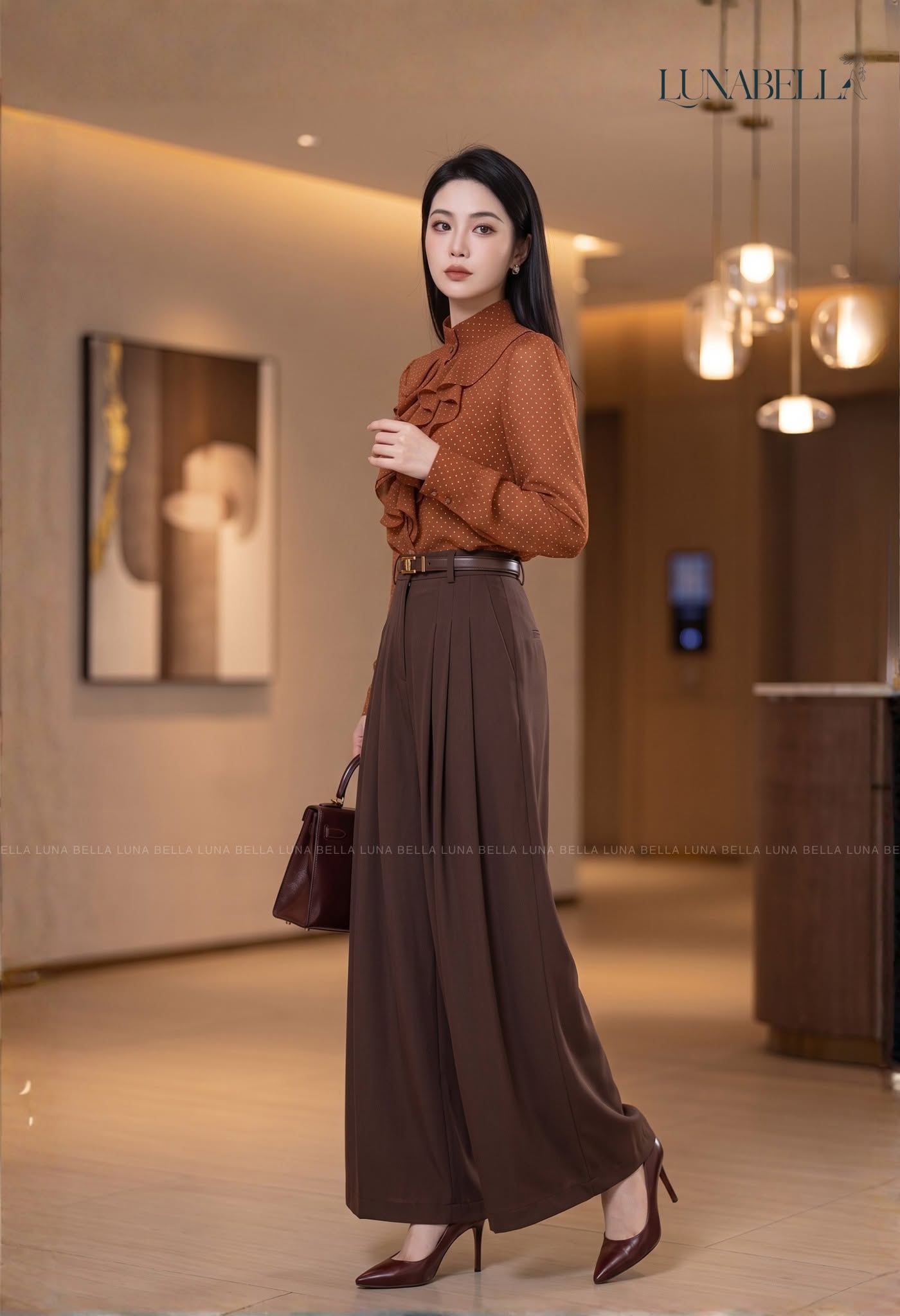 Set áo sơ mi bèo quần xuông rộng SHELLEY màu NÂU CAM_thumbnail_1
