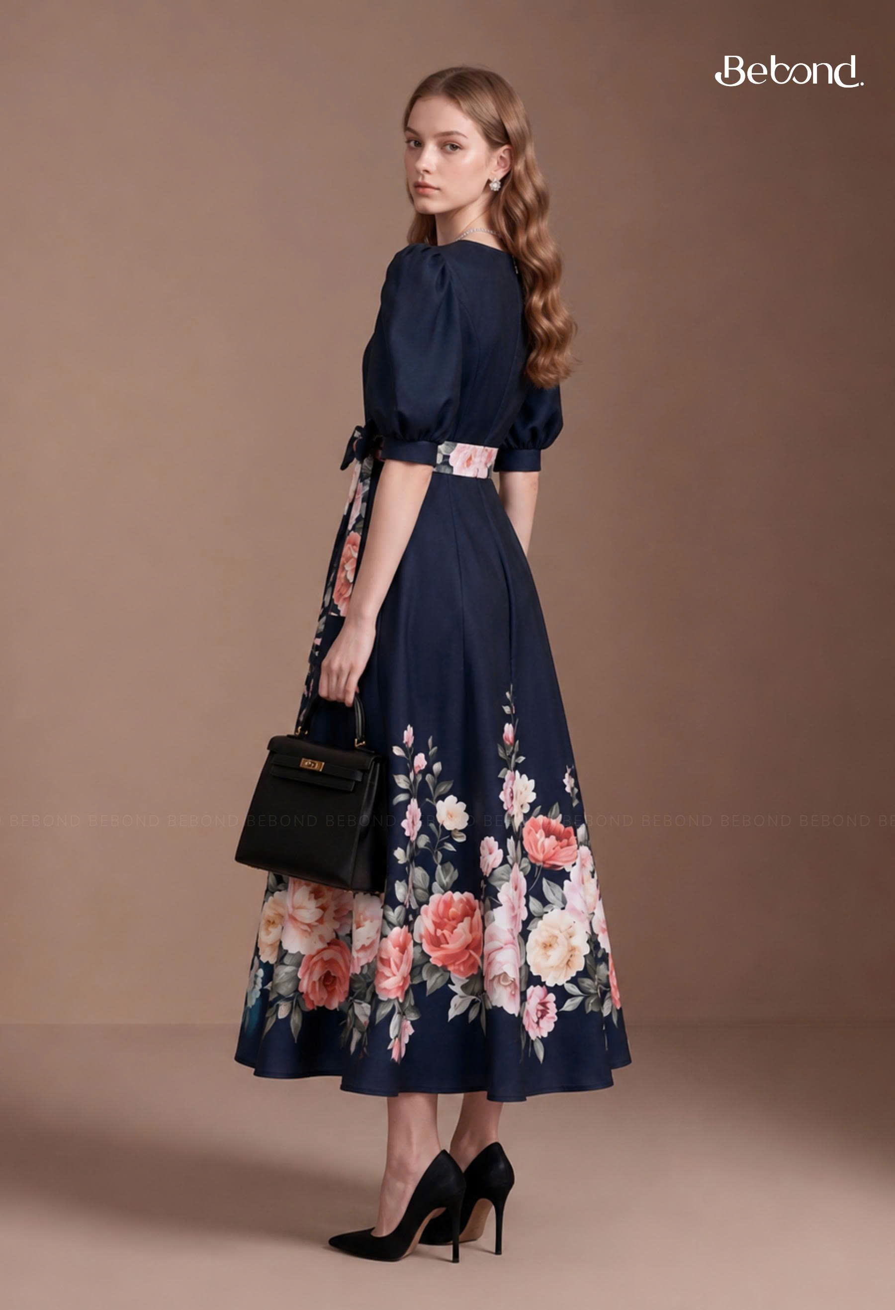 Váy liên dài tay bồng in hoa ROSINA màu XANH NAVY_thumbnail_1