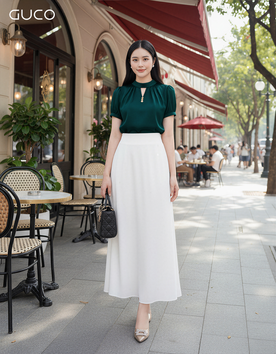 ÁO KIỂU CỔ TRÒN XẾP LI - XANH