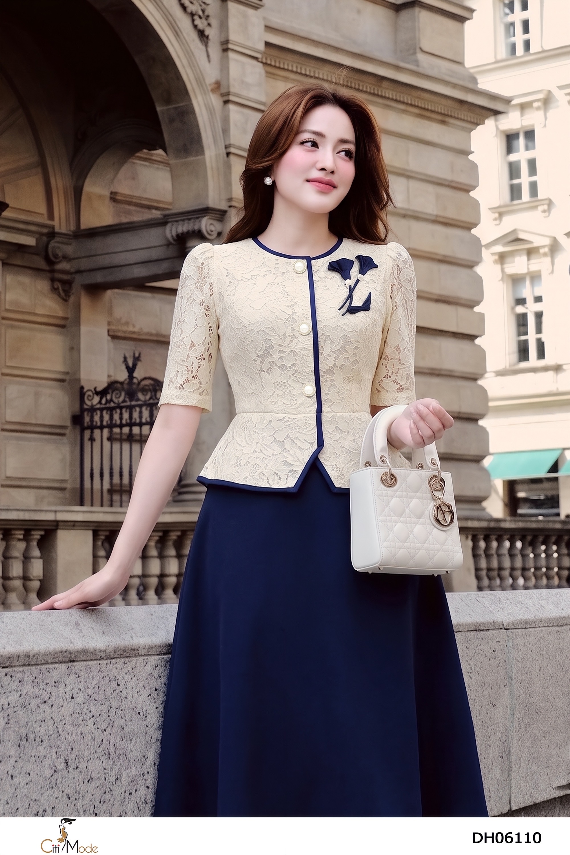Đầm xòe peplum xanh đen phối ren kem vai đính hoa tay lỡ