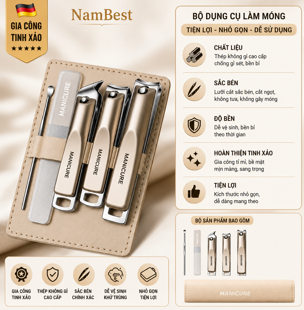 Bộ Bấm Móng Tay NamBest PLUS+ Cao Cấp Thép Không Gỉ 420J2 Mạ Titan Sắc Bén Chống Gỉ Sét Bền Bỉ Tiện Lợi
