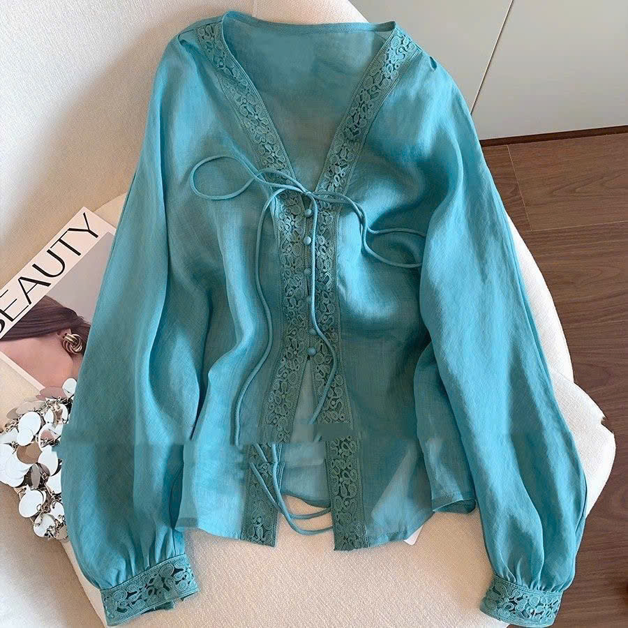 MS XM0603398: Áo sơ mi xanh cổ V_thumbnail_3