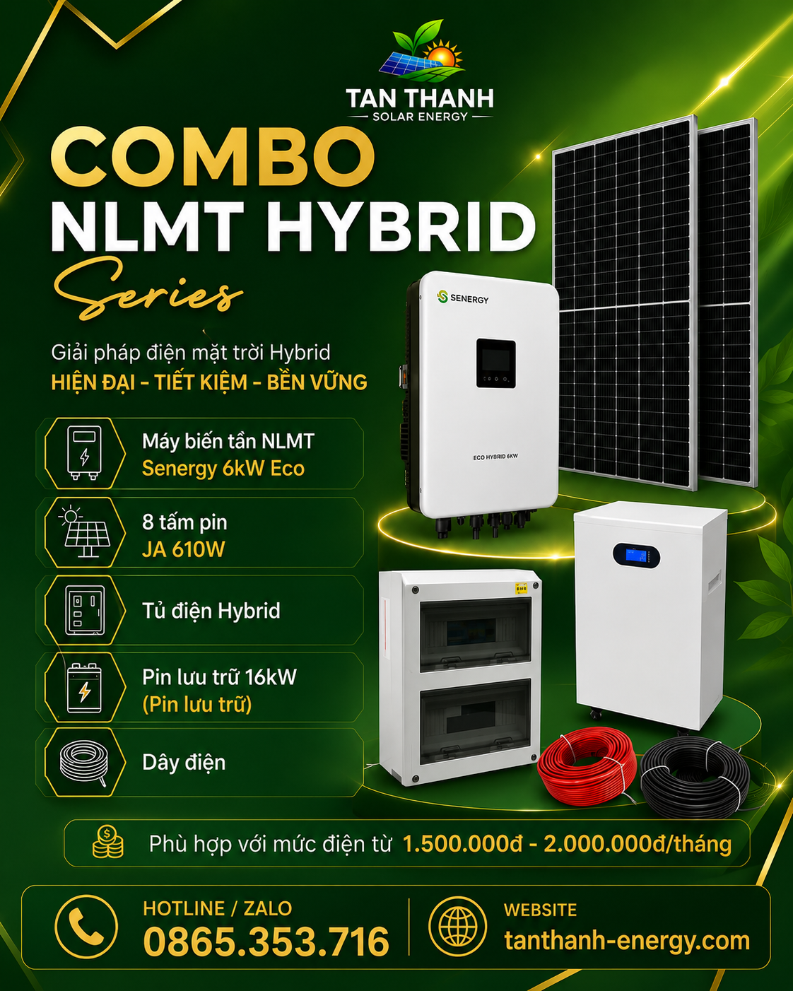 COMBO SENERGY 6kW ECO PHÙ HỢP CHO TIỀN ĐIỆN TỪ 1.500.000Đ - 2.000.000Đ/THÁNG
