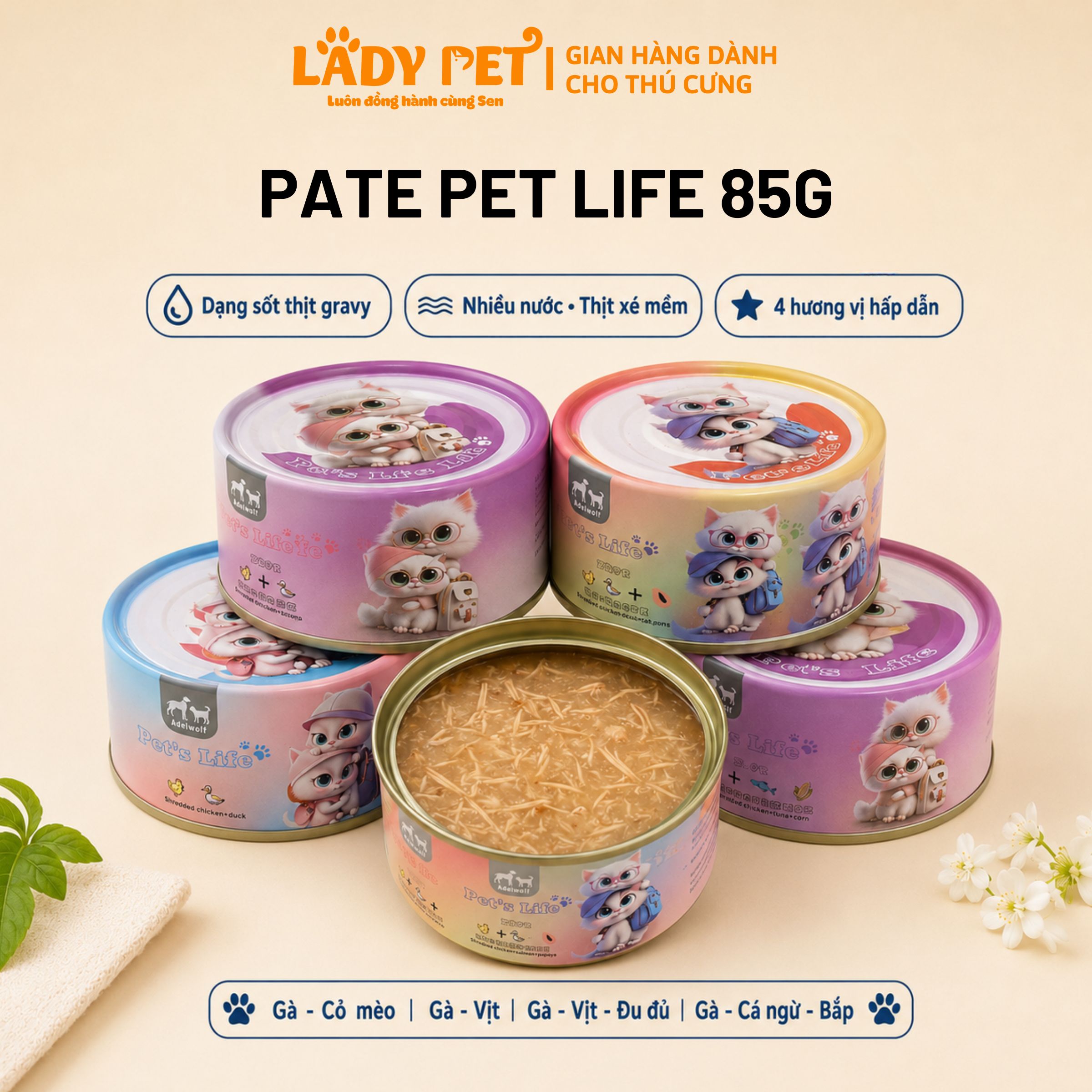 Pate Pet's Life Dạng Súp Sợi Gà Cho Mèo Lon 85G