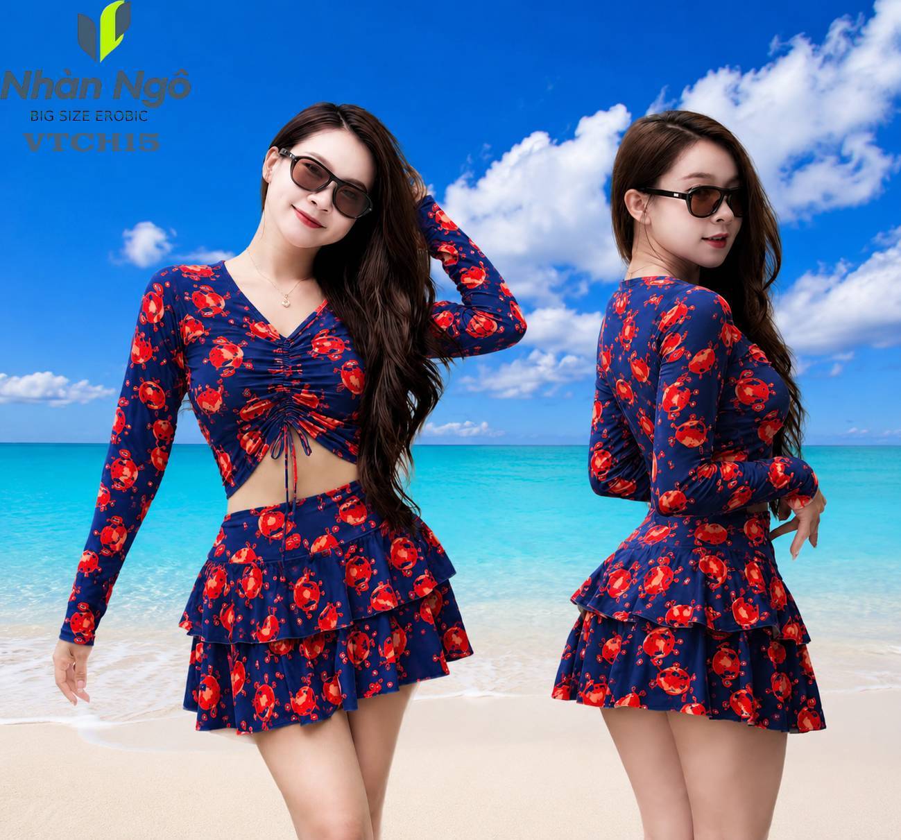 Bộ bơi váy tầng + áo croptop rút dây tay dài màu hoa VTCH_thumbnail_6