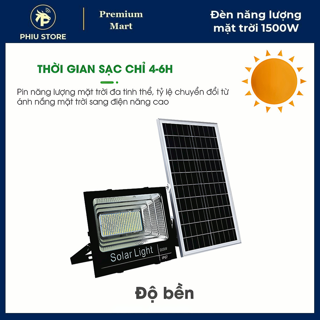 Đèn năng lượng mặt trời, đèn pha năng lượng mặt trời 1500W, đèn NLMT có điều khiển, tấm pin rời, chống nước IP68, PHIU STORE