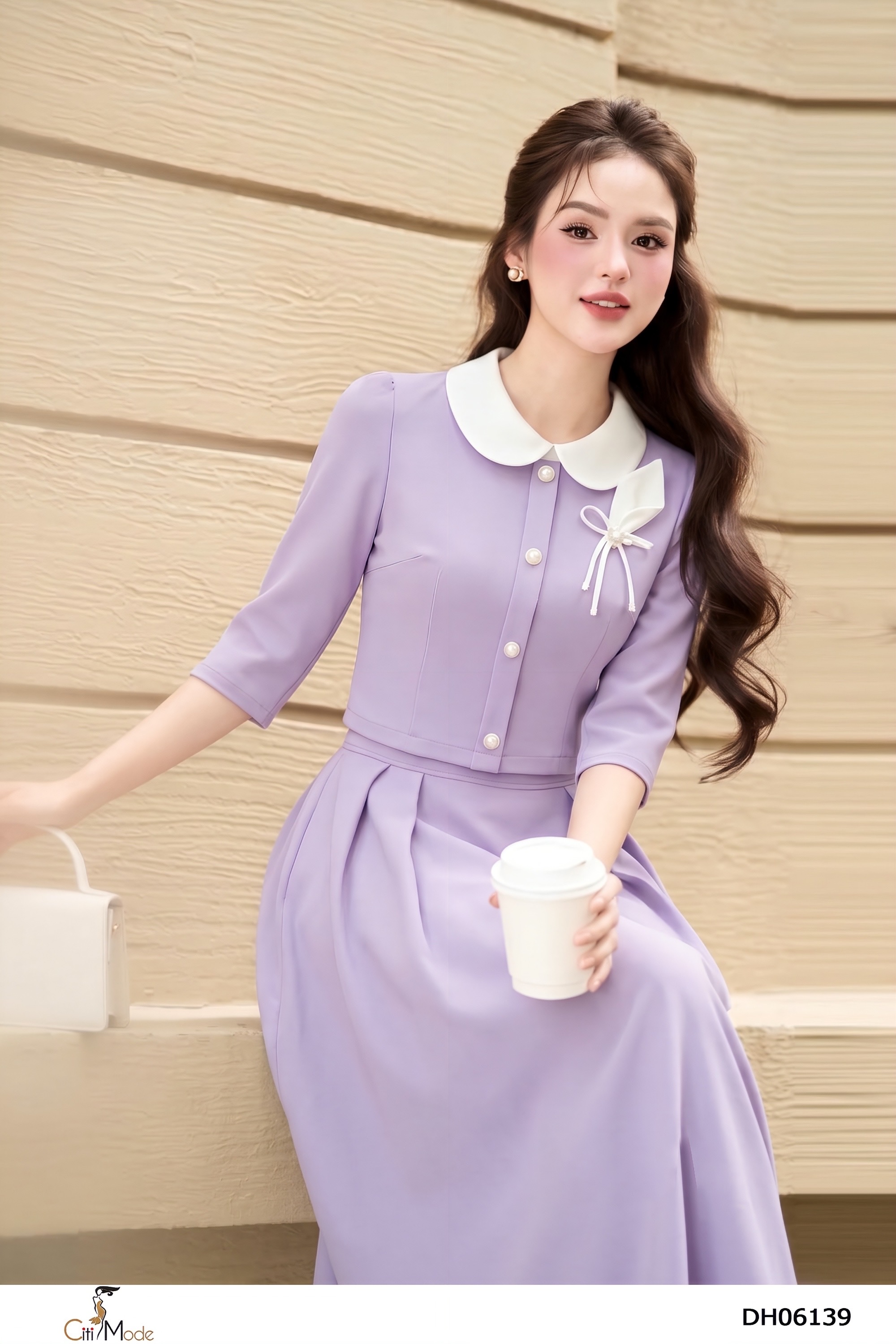 Đầm xòe giả set tím cổ sen trắng tay lỡ đính hoa ngực_thumbnail_4