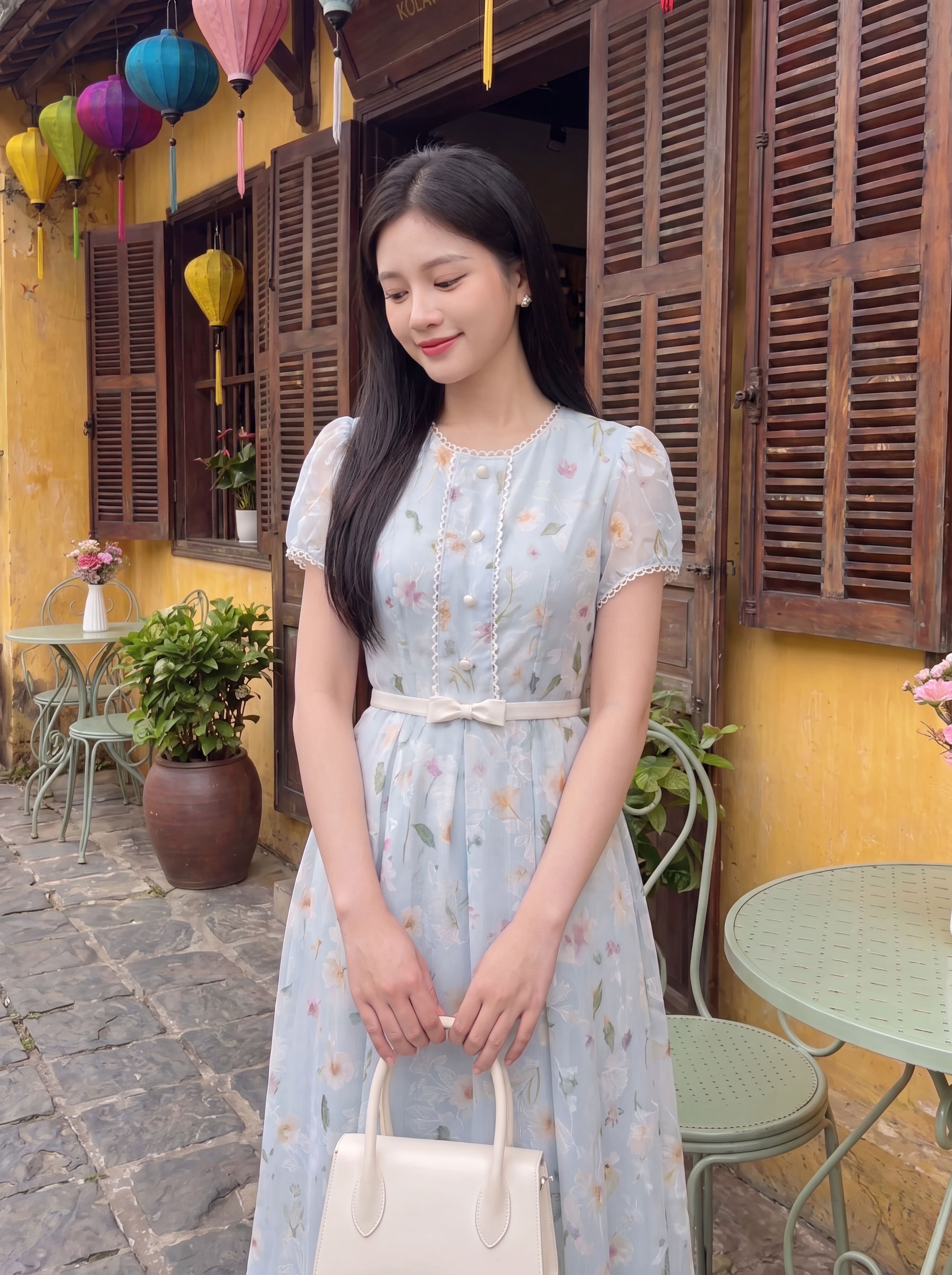 Váy hoa cộc tay nơ eo 606003