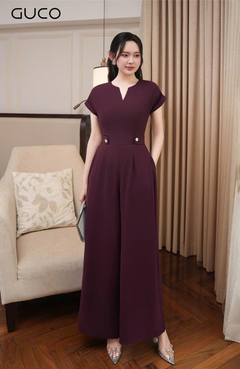 JUMPSUIT TAY DƠI CỔ V NHẤN NÚT - ĐÔ_thumbnail_3
