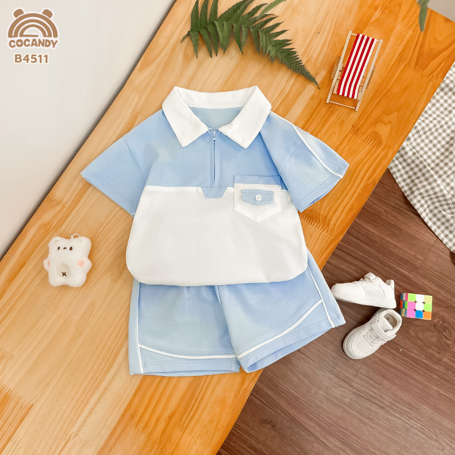 Bộ cộc XANH DƯƠNG phối trắng polo cổ khóa