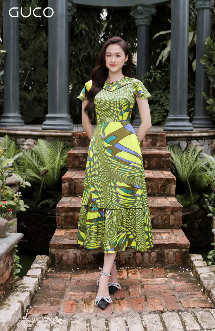 ĐẦM XÒE MIDI ĐUÔI CÁ HỌA TIẾT  - XANH