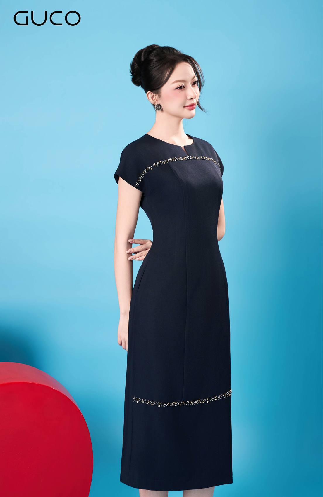 Đầm Suông Xanh Đính Đá Cổ Lai_thumbnail_4