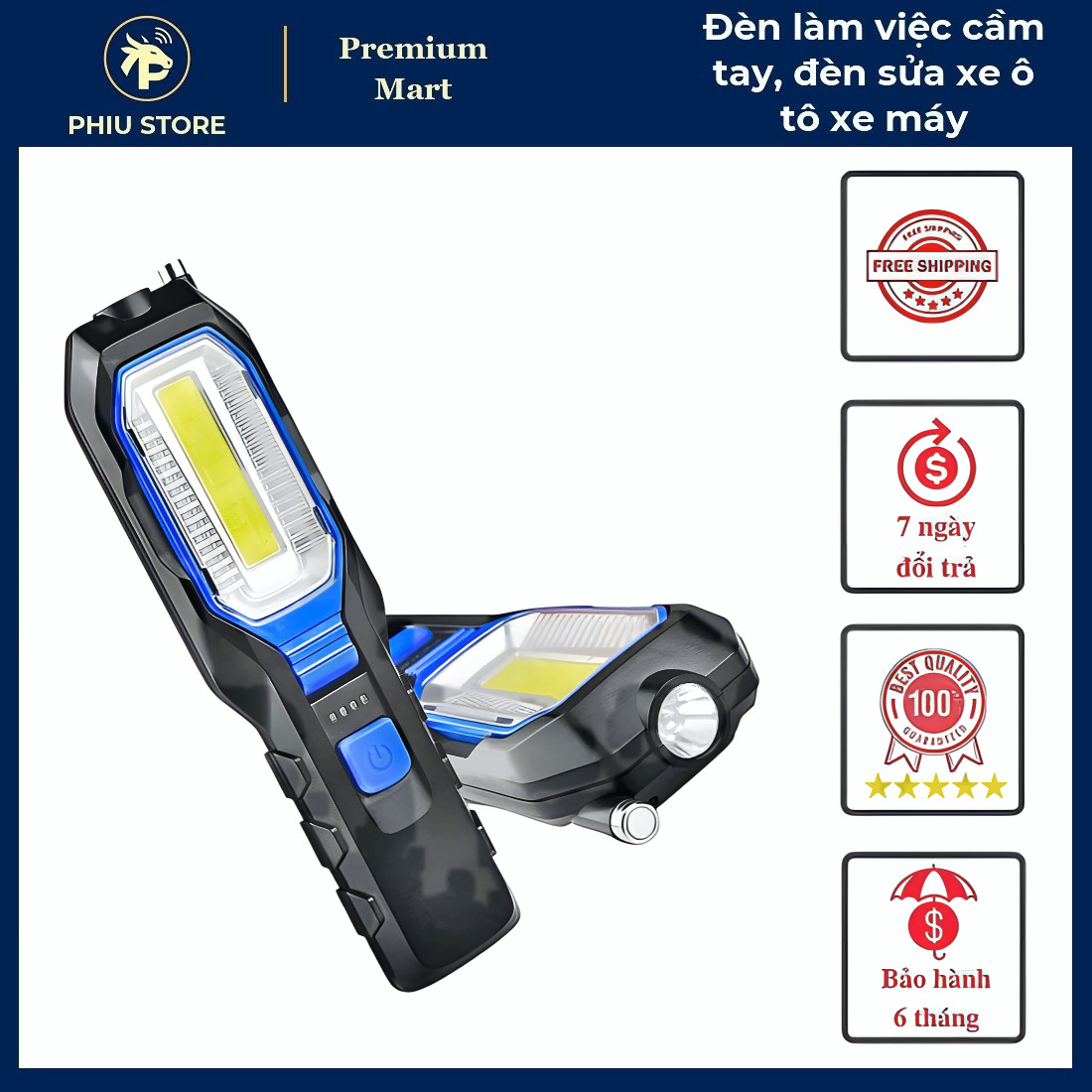 Đèn Làm Việc Cầm Tay XPE/COB 30W - Đèn Pin Sạc Chiếu 300m, Pin 6-9 Giờ