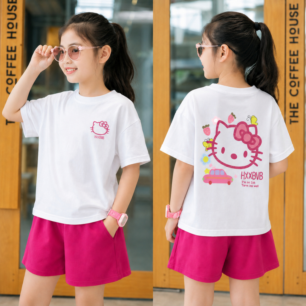 Set bộ thun bé gái in hình Hello Kitty và Kuromi - Kids SB001