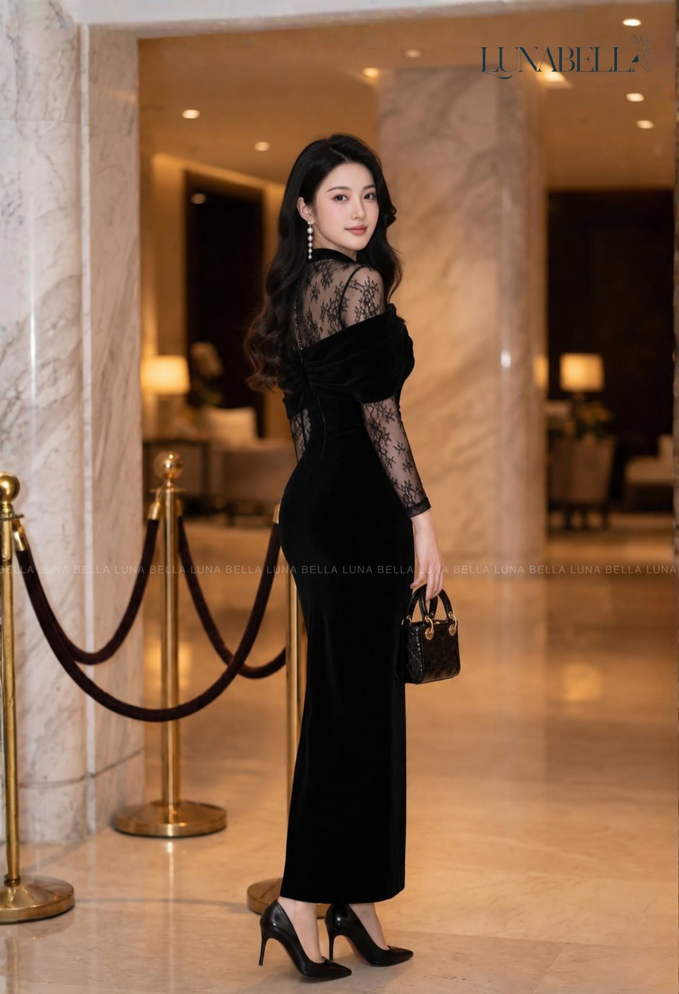 Váy nhung dài mix ren NESSA màu ĐEN_thumbnail_2