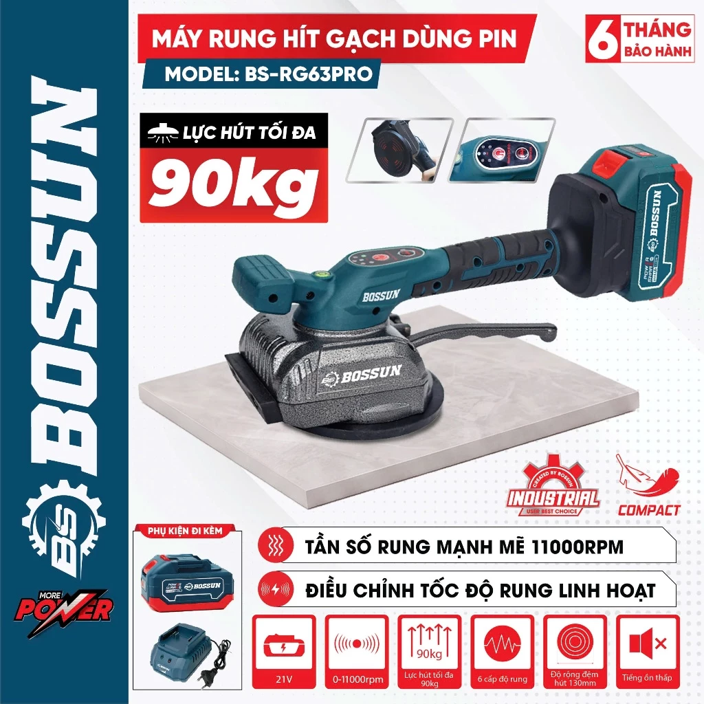 Máy Rung Gạch BOSHUN BS-RG63PRO – Máy Rung Ốp Lát Gạch Sàn, Máy Hút Gạch Men Dùng Pin 21V