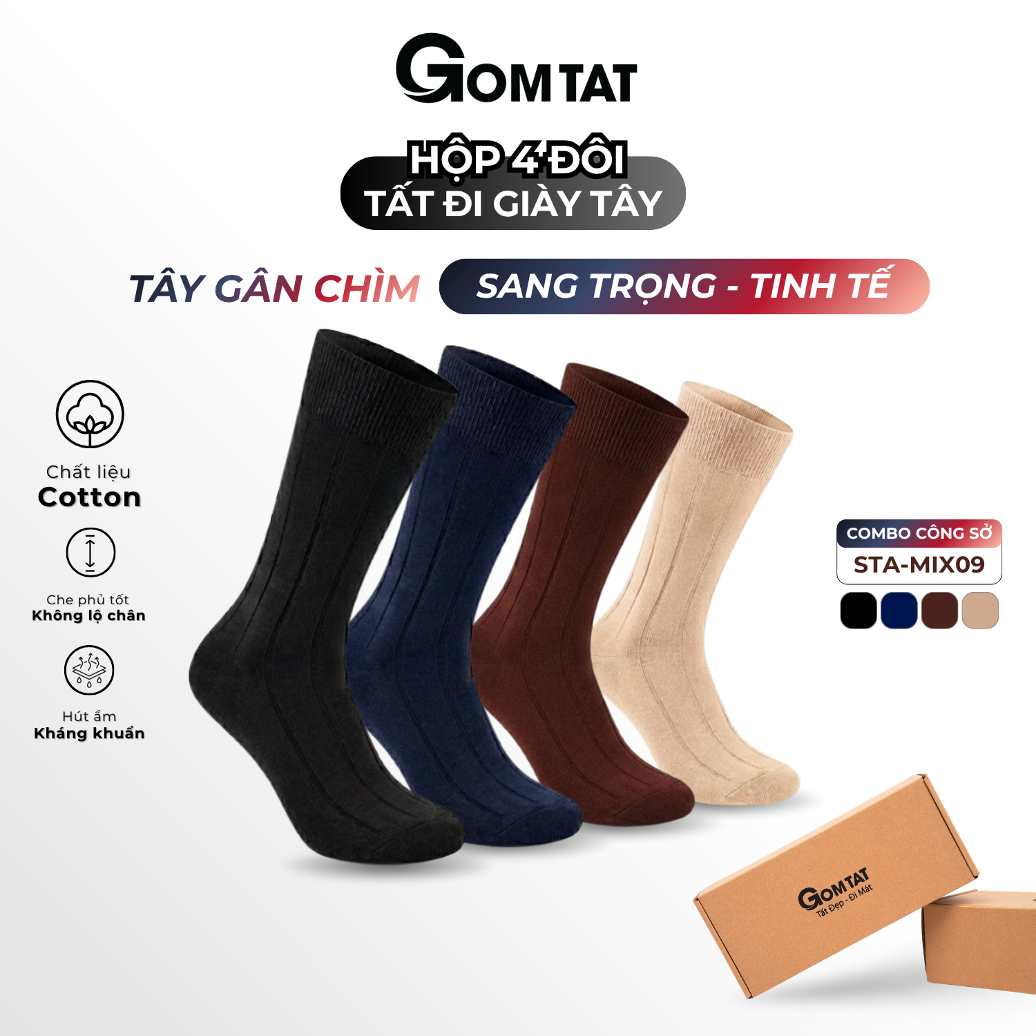 Hộp 4 đôi tất nam cao cổ GOMTAT mẫu gân chìm, chất liệu cotton thoáng mát, êm chân - STA-MIX09