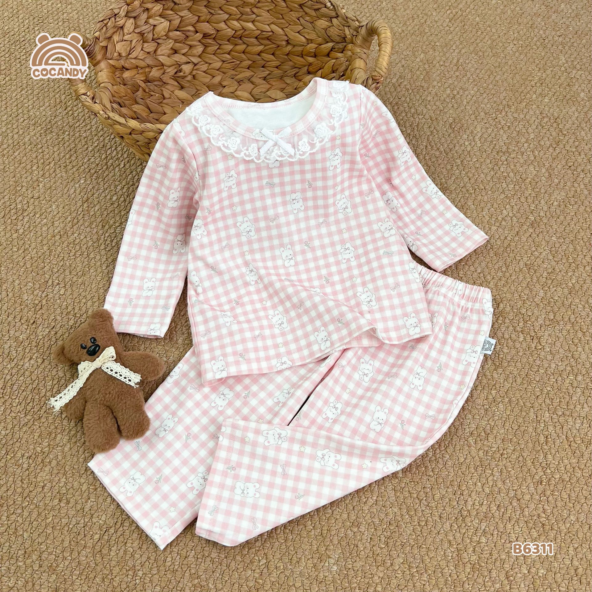 Bộ dài caro HỒNG hình thỏ hoa