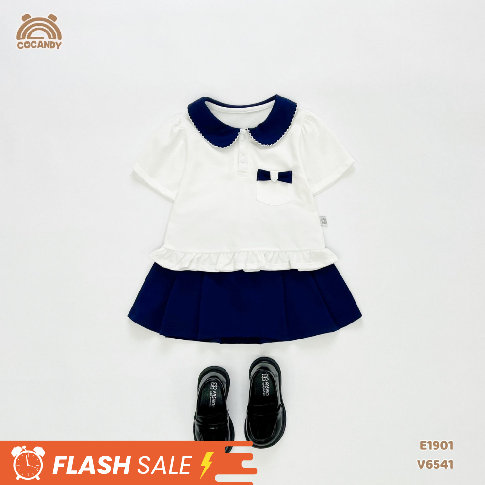 Áo cộc TRẮNG phối cổ túi nơ xanh navy