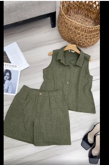 Bộ linen tech đùi áo sơ mi sát nách