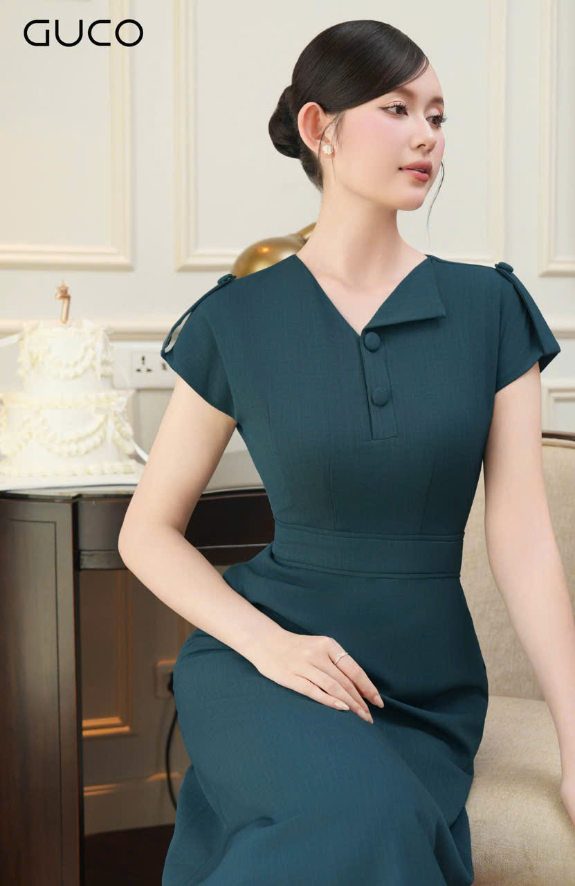 ĐẦM A CỔ VEST VAI KẾT NÚT - XANH CỔ VỊT_thumbnail_3