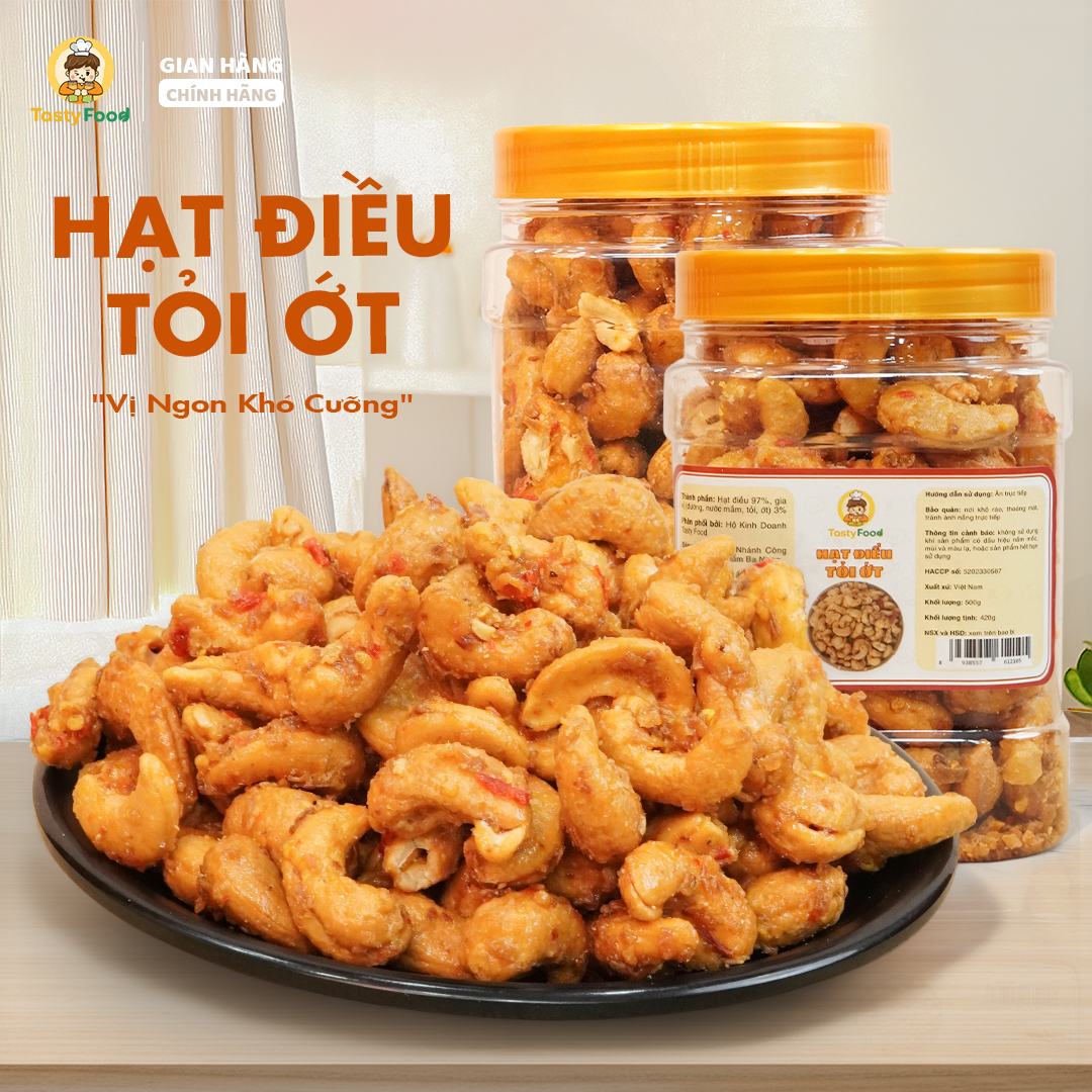 Hạt điều a cồ rang tỏi ớt Tasty Food - Hũ vuông nhỏ 500g