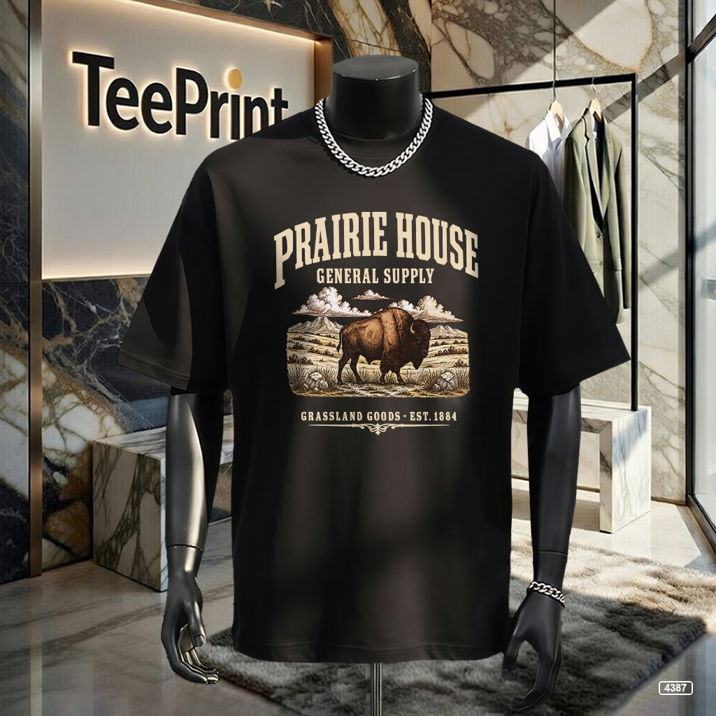 Áo thun nam Prairie House Buffalo form rộng vintage TeePrint 4387