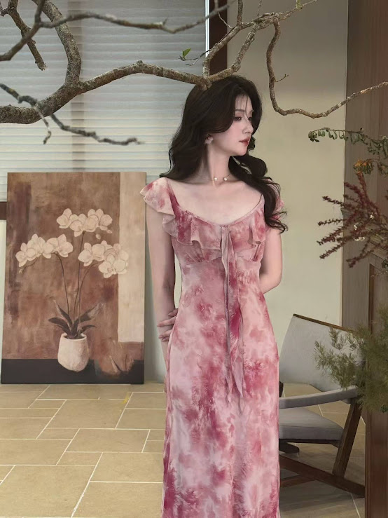 Lucas - Váy vải loang cổ tim viền bèo dáng maxi_thumbnail_1