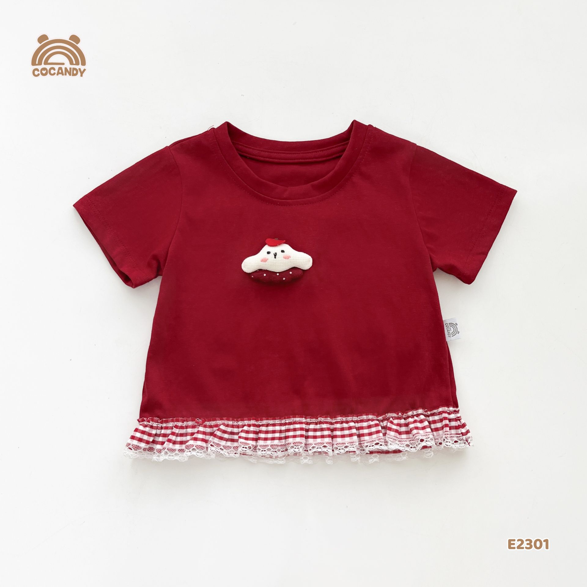 Áo cộc cotton ĐỎ thêu cún nhún bèo caro_thumbnail_2