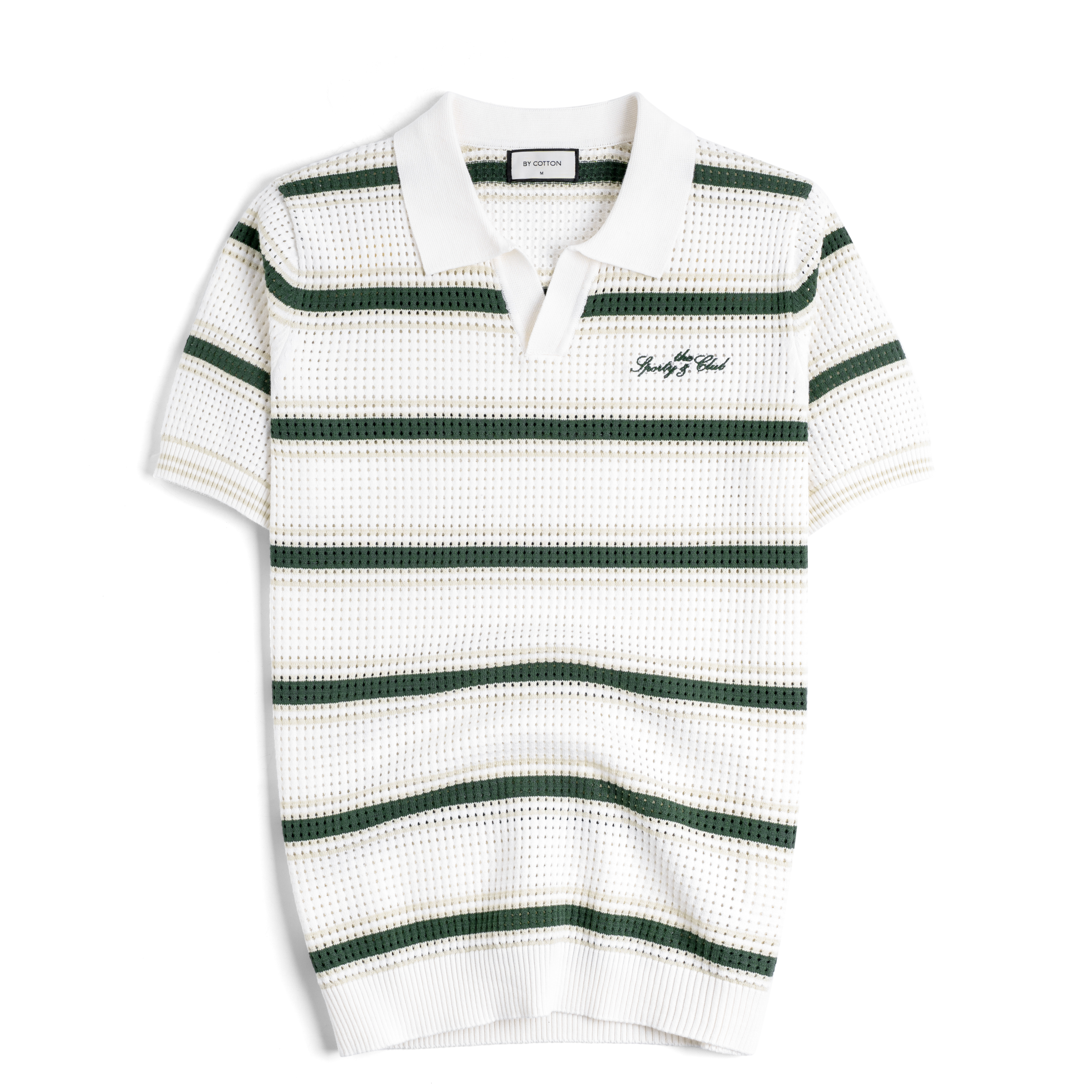 Áo Polo Dệt Kim Mesh Sọc Ngang Thân Xanh Lá Thêu "Sporty&Club"
