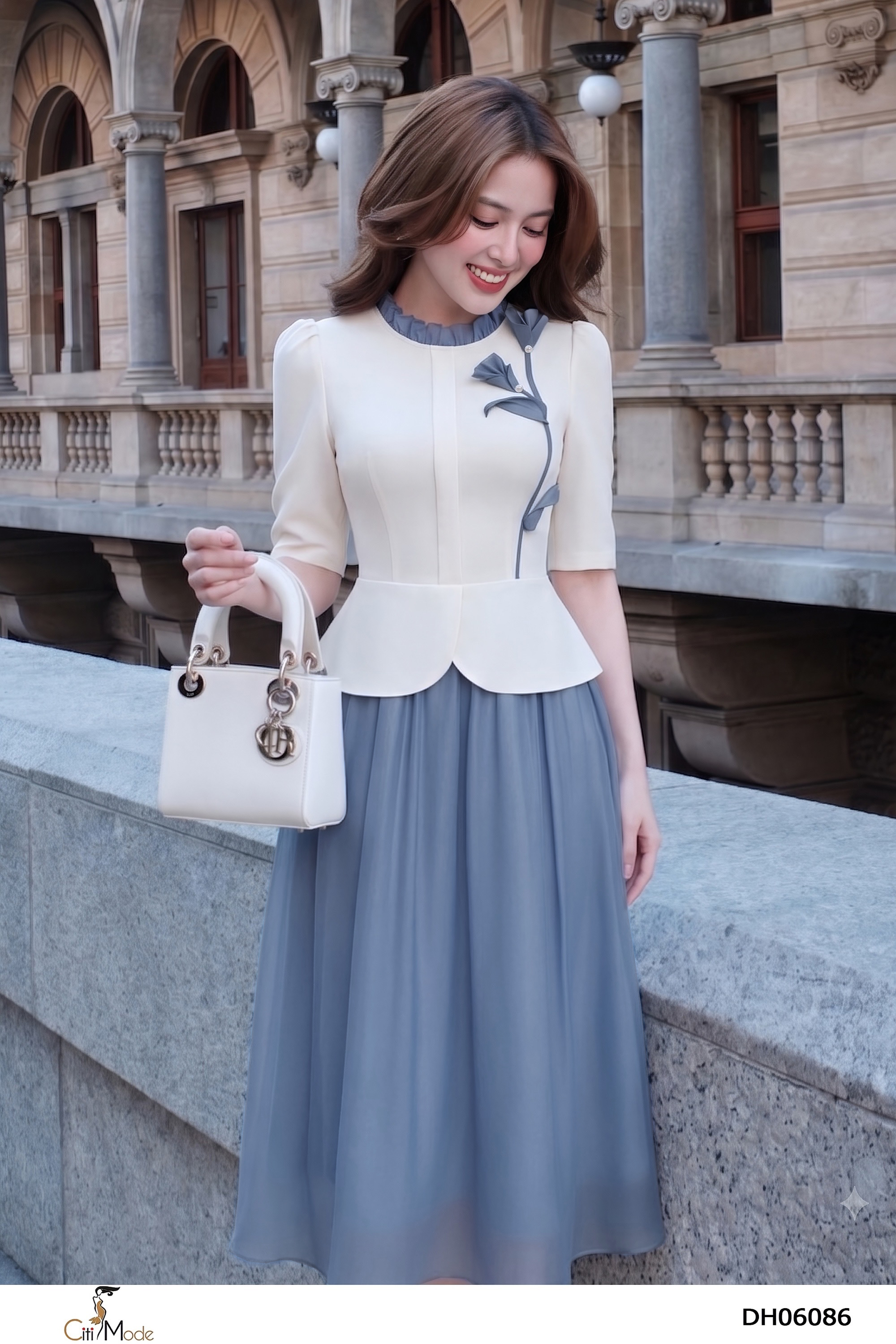 Đầm xòe tơ ghi peplum phối trắng cổ nhún, đính hoa, tay lỡ