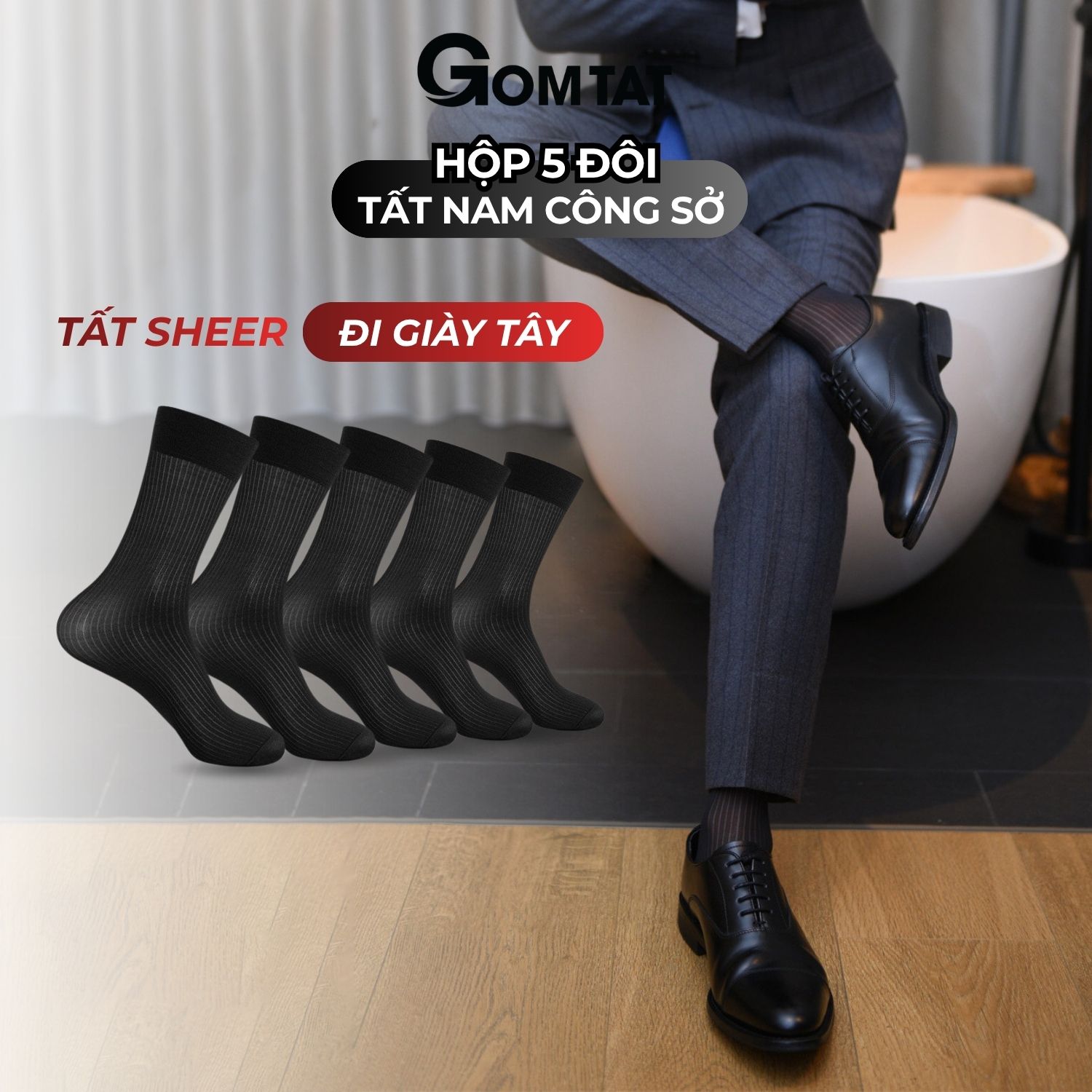 Hộp 5 đôi vớ công sở nam GOMTAT chất nylon cao cấp, họa tiết sọc gân xuyên thấu GEN-A094