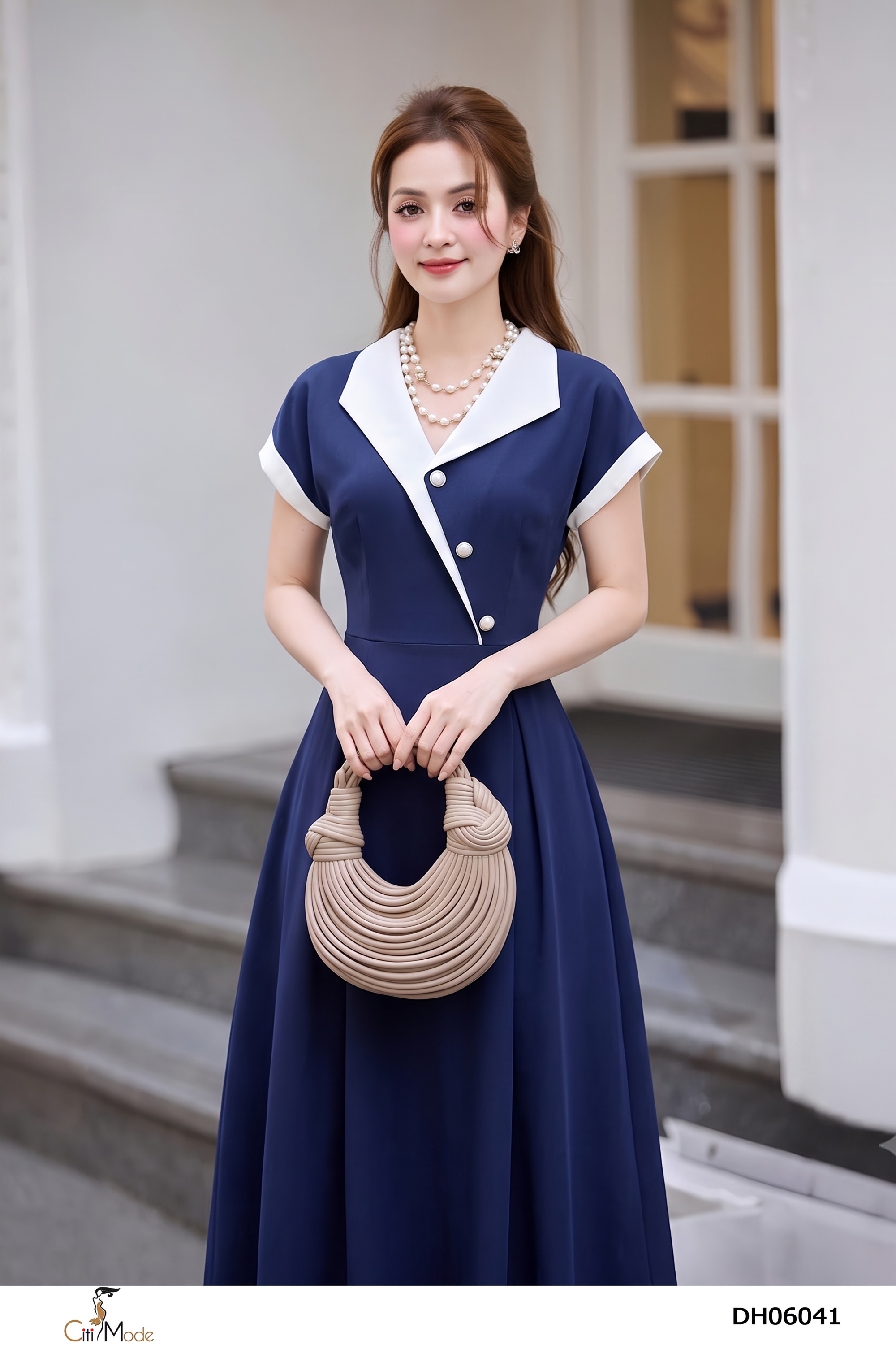 Đầm xòe tím than phối trắng cổ V tay chờm_thumbnail_6