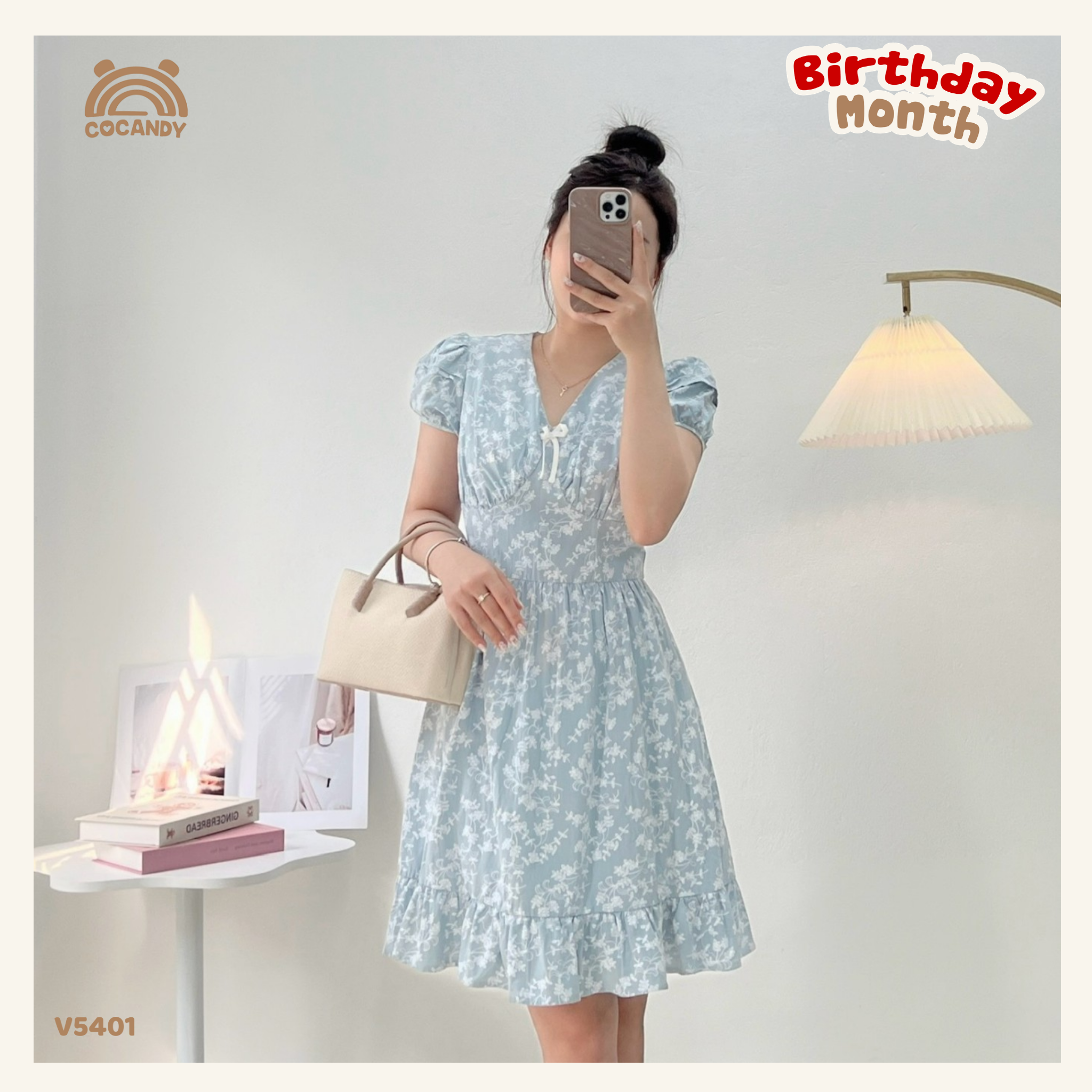 Váy cộc XANH hoa nhí cổ tim NỮ