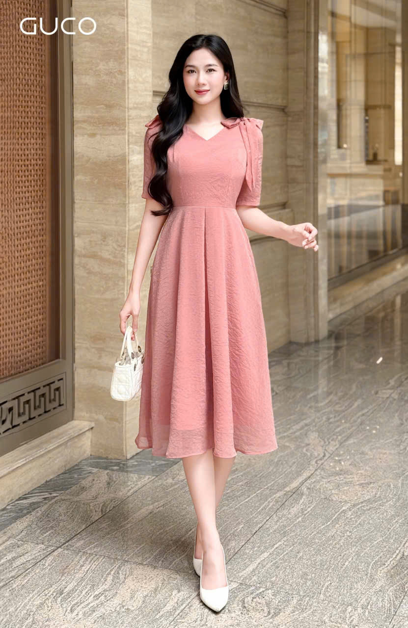 ĐẦM XÒE CỔ TIM NƠ 2 BÊN - HỒNG_thumbnail_1