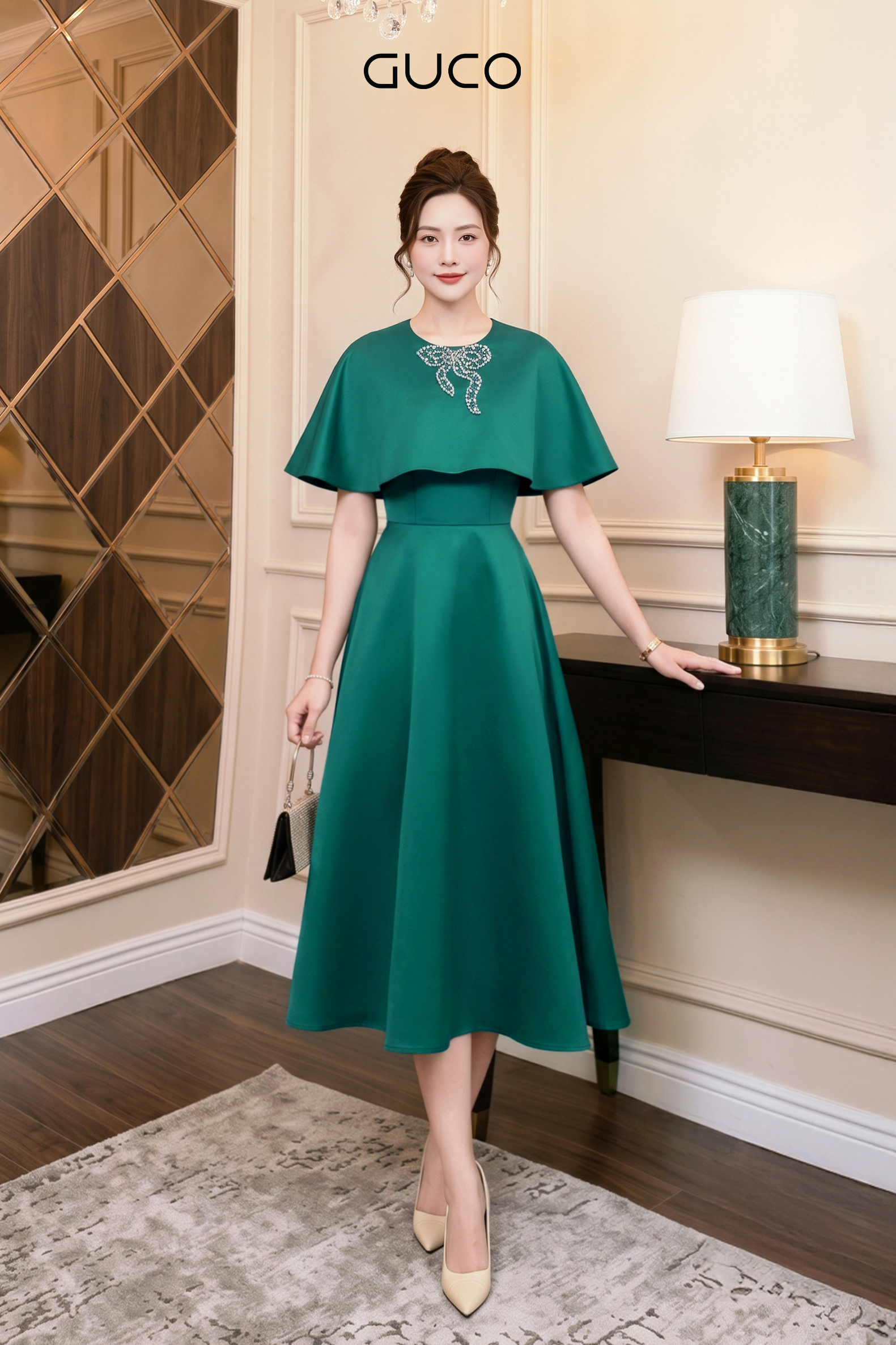 Đầm Xòe Dự Tiệc Xanh Áo Choàng Đính Đá