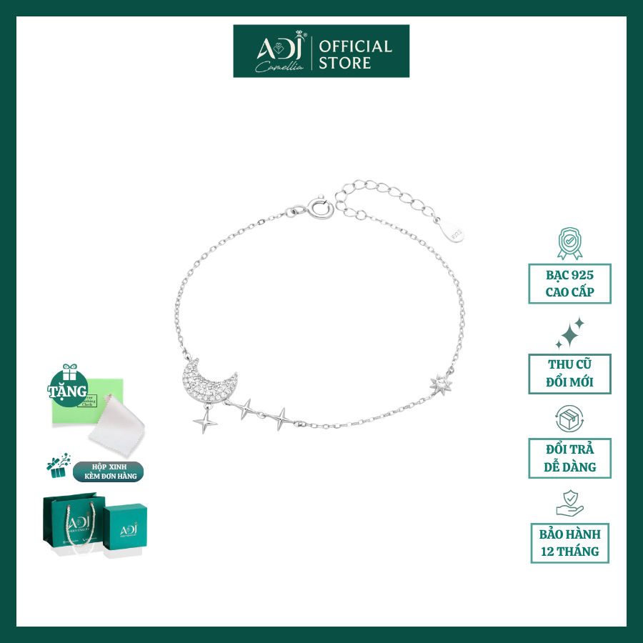 Lắc Chân Bạc Nữ 925 ADJ Đính Đá CZ Moon & Star – Vòng Chân Bạc S925 Cao Cấp, Trang Sức Nữ Quà Tặng SL16205AD