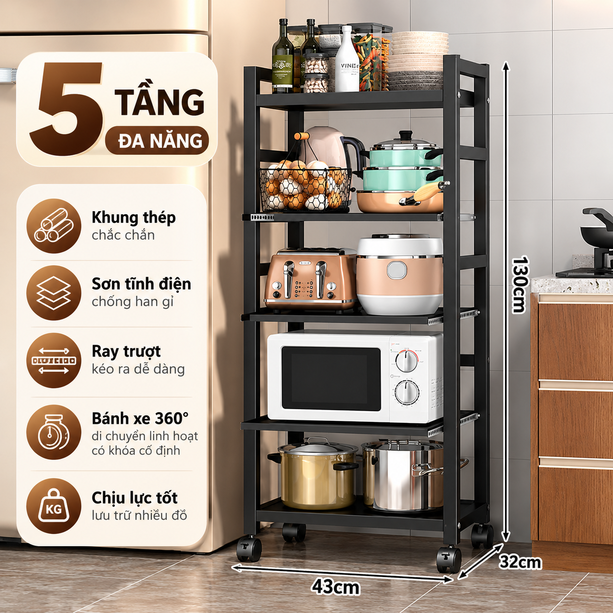 Kệ Bếp 5 Tầng Đa Năng Có Ngăn Kéo Trượt