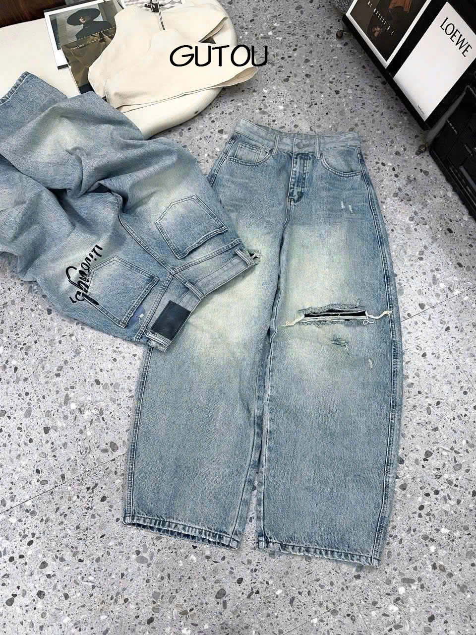 [ GUTOU ] Quần Jean Baggy Wash Sáng Rách Gối Casual Street_thumbnail_3
